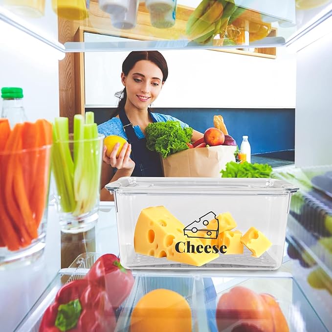 Cheese Container Airtight with Draining Basket Cream Cheese Sliced Cheeses Box with Lid Saver for Fridge Cheeses Keeper Cream Block Shredded Storage Box Saver (Clear)