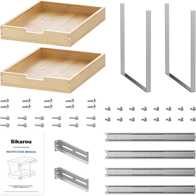 Wood Pull Out Cabinet Organizer 2 Tie 14" W x 21" D, Heavy-Duty Sliding Drawers for Inside Cabinets Storage and Organization for Kitchen, Pantry, Bathroom
