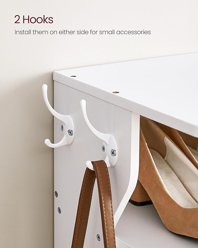 VASAGLE 7-Tier Vertical Shoe Rack, Narrow Shoe Storage Organizer with Hooks, Slim Corner Tower Shelf, Space-Saving for Entryway and Bedroom, White ULBS200T14