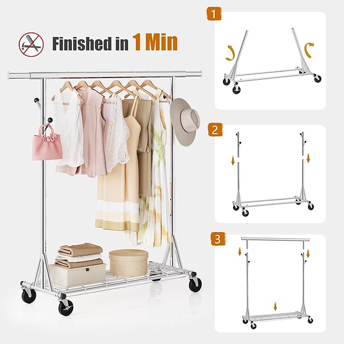 Heavy Duty Clothes Rack Load 530 lbs, Metal Rolling Clothing Rack With Sturdy Wheel And Shelves, Adjustable Portable Hanging Garment Rack For Clothes,Chrome Stainless Steel