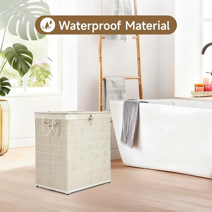 Laundry Hamper with Lid, 39.6 Gallon(150L) Large Laundry Basket 2 Removable Liner Bags, Synthetic Rattan Clothes Hamper with Side Pocket, laundry organization for bathroom, laundry room, White