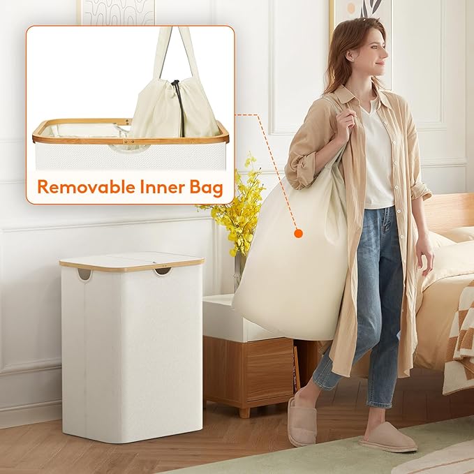 Lifewit 150L Laundry Basket with Lid, Clothes Hampers for Laundry with Bamboo Handles and A Removable Bag, Large Foldable Laundry Hamper for Bedroom, Bathroom, Dorm, Laundry Room, Off White