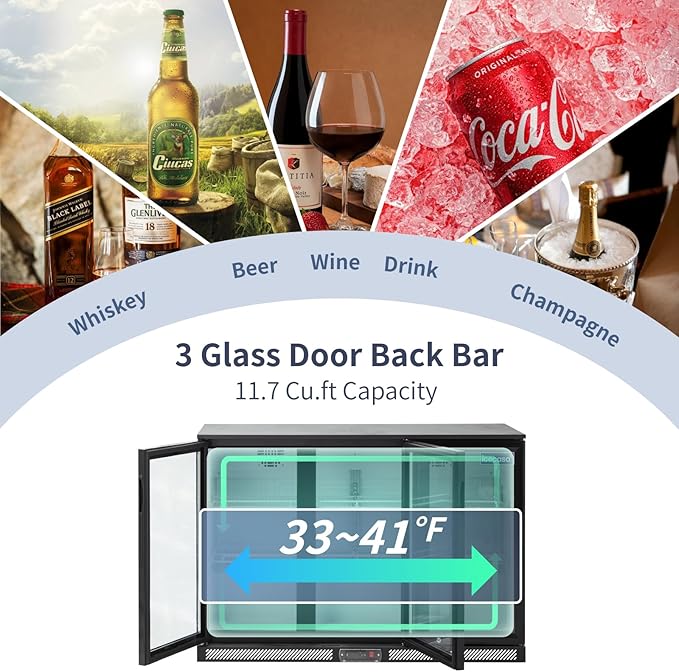 ICECASA 52.6" W Beverage Refrigerators 3 Glass Door Back Bar Refrigerator Commericial Undercounter cooler Wine Merchandiser 11.7 Cu.ft for Soda Beer