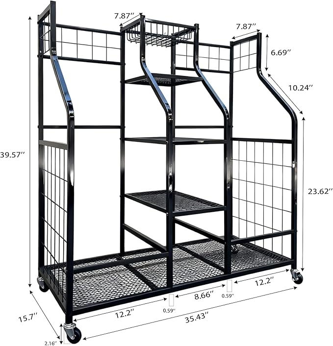 Golf Bag Storage Organizer Stand - Heavy Duty Steel Rack Holds 2 Golf Bags with Central Storage Shelf for Golf Balls, Shoes & Accessories, Space Saving Garage Golf Club Equipment Holder