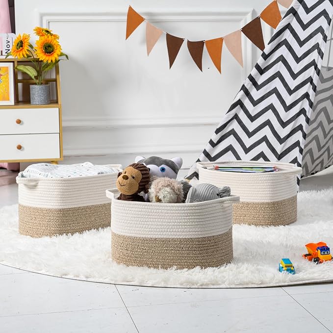 DUHEL Cotton Rope Woven Storage Basket, Used for Baby Hamper Toy Organizer, Gift Baskets Empty,Kids Laundry Basket,Baby Blanket Basket. Size 15x10x8.7 Inches. (White&Brown-3PCS)