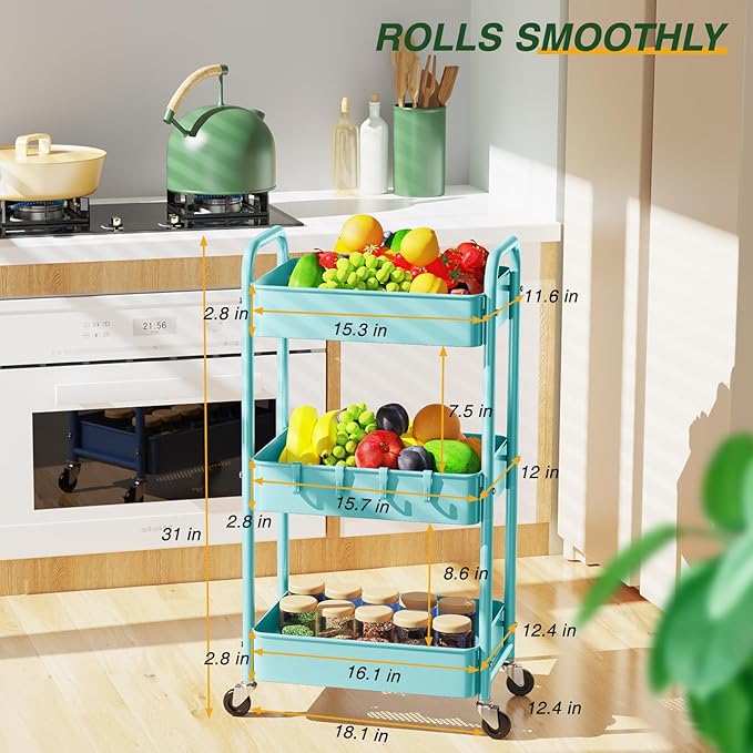 LEHOM 3 Tier Rolling Storage Cart, Metal Trolley Utility Cart with Wheels & Hooks, Easy Assembly Organizer Storage Cart for Bathroom Kitchen Office Bedroom (Blue)
