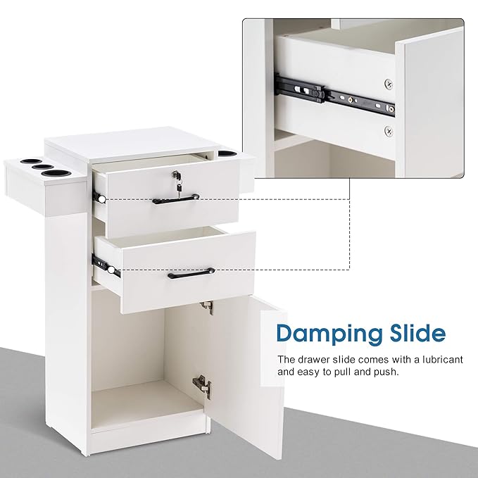 BarberPub 38"x18"x14" Locking Beauty Salon Storage Cabinet, Barber Styling Station with Nylon Hair Dryer Holder, Barber Shop Stylist Equipment with Drawers 2021 (White)