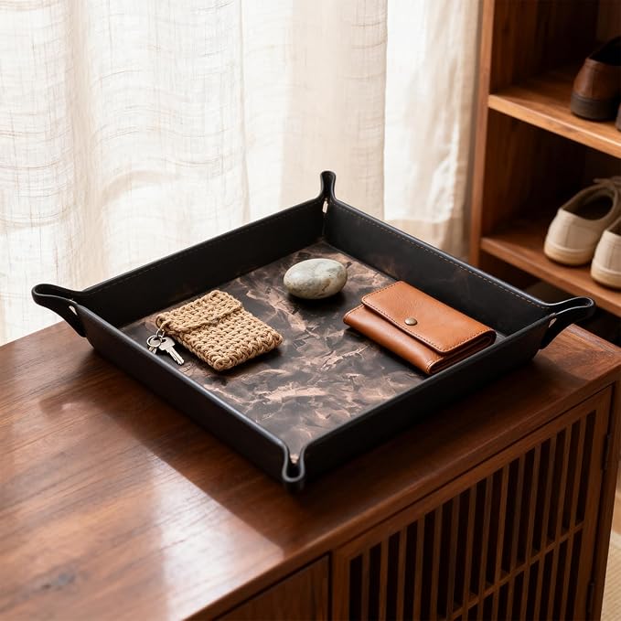 siduater Valet Tray Desktop Storage Organizer – Vegan Leather Catchall Bedside Vanity Tray Nightstand Caddy Holder for Remote Controller, Watch, Keys, Phone, Wallet, Coin, Jewelry, Marble Brown