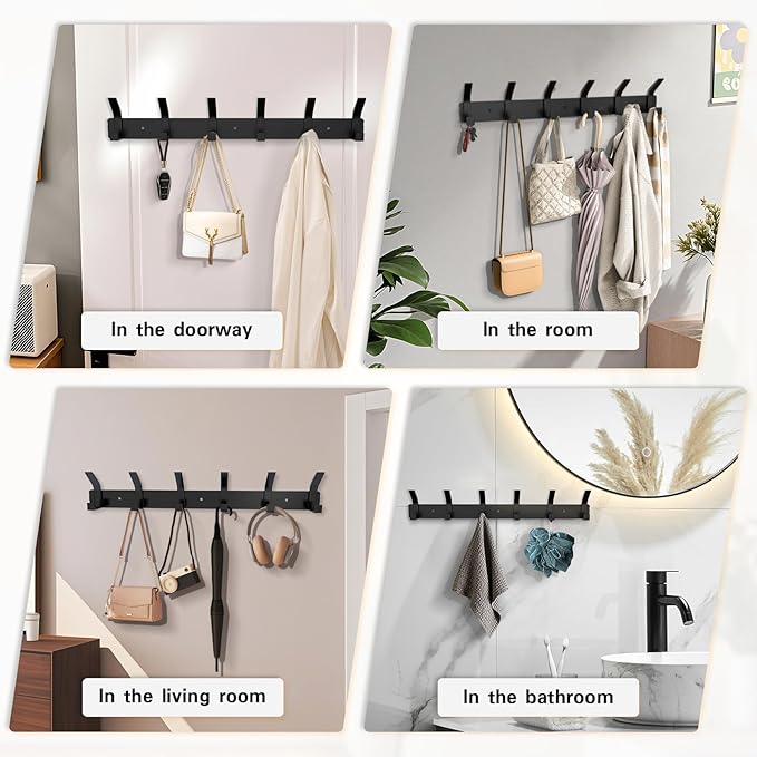 2 Pack Coat Rack Wall Mount,17.3 in Wall Hooks for Hanging, Coat Hanger Wall Mount Towel Rack Hat Rack for Wall with 6 Hooks for Entryway, Bedroom, Bathroom (Black,6 Hook-2Pack)