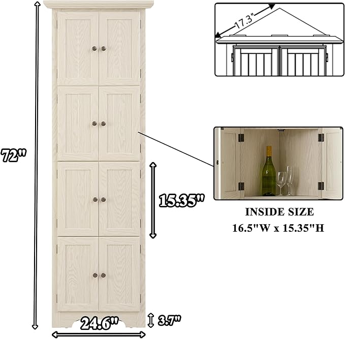 72" H Farmhouse Corner Storage Cabinet with 8 Doors & 4 Shelves, 4 Tier Kitchen Corner Pantry Cabinet Wooden Organizer Case Bookshelf, Home Space Saver Cabinet for Kitchen,Living Room(White)