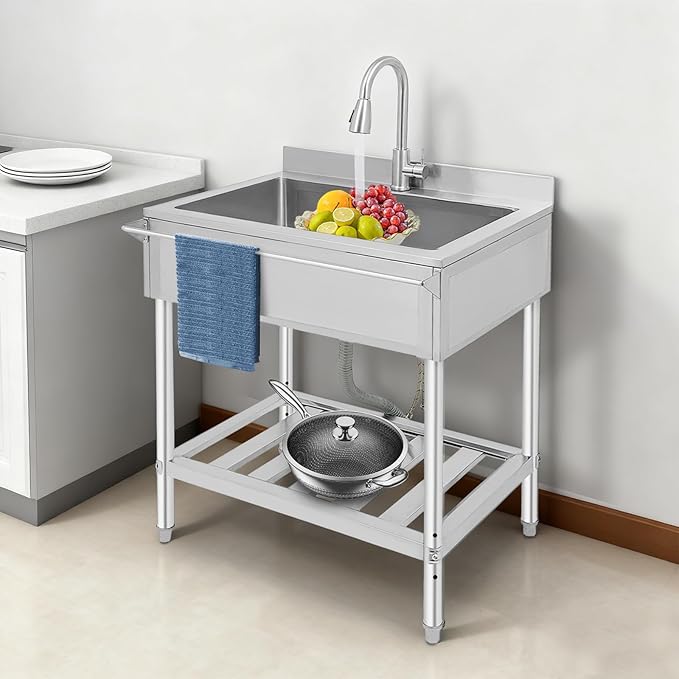 Stainless Steel Utility Sink, Free Standing Single Bowl Kitchen Sink with Pull-Out Cold/Hot Faucet, Storage Shelf & Splashback, Large Utility Sinks for Laundry, Garage 30.7"D x 22"W x 40.3"H Silver