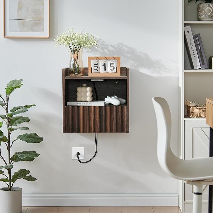 Modern Fluted Floating Nightstand Wall Mounted - Bedside Table with Storage Drawer & Display Shelf, Minimalist Bedroom Furniture for Studio Apartments(Walnut)