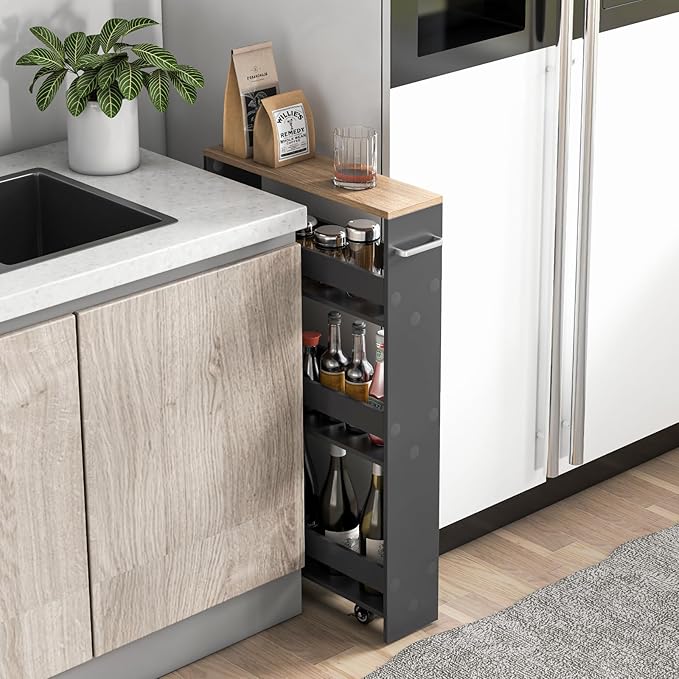 Slim Rolling Storage Cart, 4 Tier Narrow Kitchen Cart with Wheels, Between Washer and Dryer Cart, Wood Shelving Unit Organizer w/Handle for Small Spaces (Grey & Natural, 5-Inch)