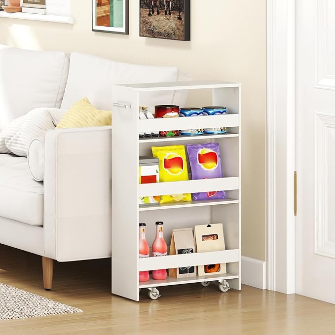 Small Kitchen Cart, 4-Tier Slim Rolling Island w/Handle, Laundry Room Storage Organizers Between Washer and Dryer, Narrow Spice Rack on Wheels Next to Fridge (White, 8'')