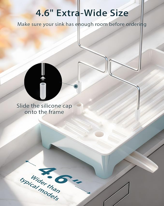 Ceramic-Look Sink Caddy, Rustproof Sponge Holder for Kitchen Sink with 304 Stainless-Steel Brush Holder, Countertop Rack Organizer with Raised Ridges & Silicone Drain Tube (Pastel Blue)