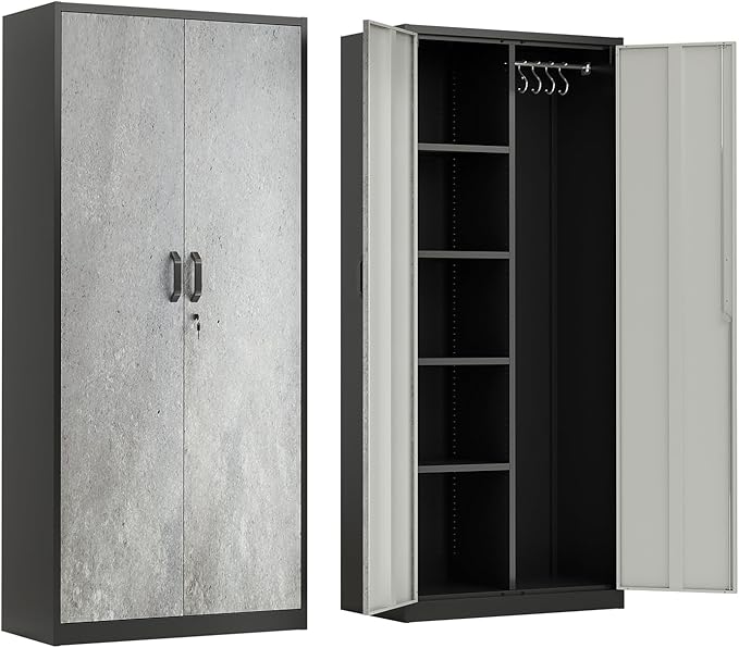 VINGLI Metal Storage Cabinet with Hanging Rod, 4 Adjustable Shelves, Lock Doors with Modern Gray Pattern Design, Armoire Wardrobe Closet Tool Functional Cabinet for Home, Office, Garage (Gray & Black)
