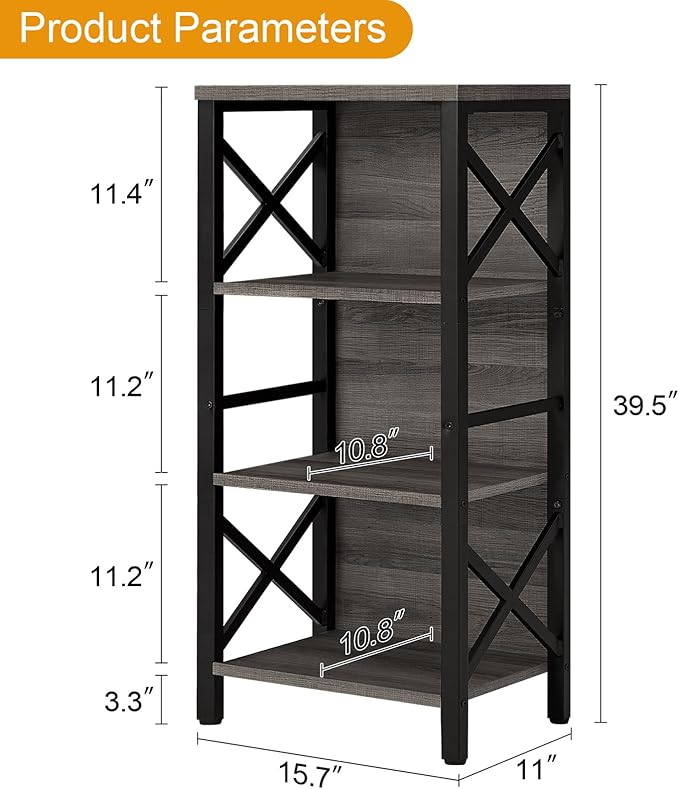 Small Bookshelf,4 Tier Industrial Bookcase with Metal Frame and Backboard,Narrow Rustic Gery Book Shelf,Book case for Small Spaces,Living Room,Bedroom and Home Office