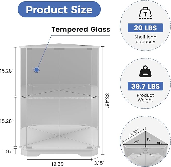 Corner Display Cabinet with Glass Doors, Small Display Case with 3-Color LED Lights and Charging Station, 2-Tier Curio Cabinet with Storage and Shelf, White