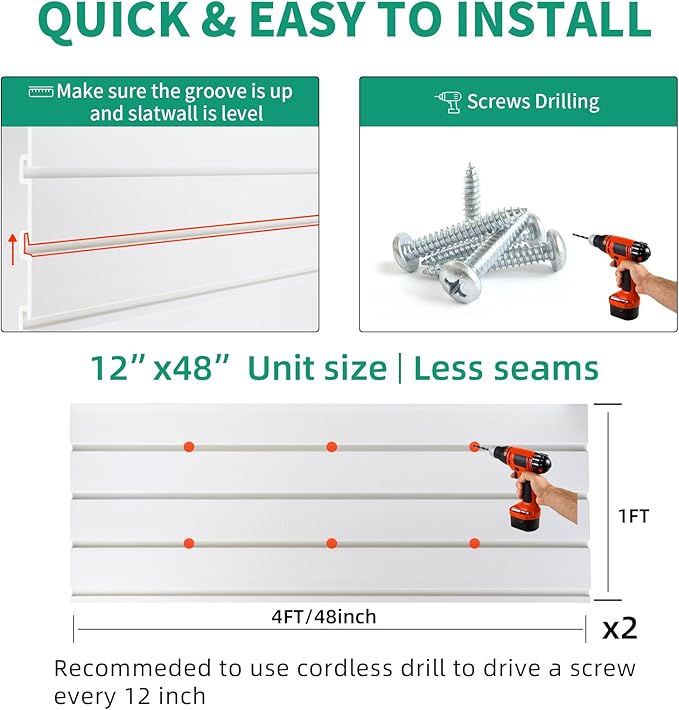 Slatwall Panel 4x2 ft Garage Mounted Storage, White Slat Wall Paneling Garage Organizers Storage, Peg Board Tool Organization PVC Wall Panels, Garage Slat Wall Storage Systems Pegboard Wall Organizer