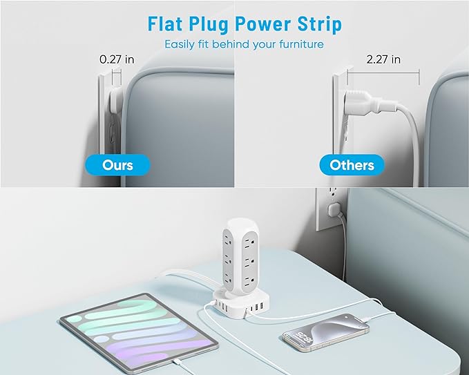 Tower Surge Protector Power Strip, 10FT Extension Cord with Multiple Outlets, Flat Plug Outlet Extender with 12 AC Outlets & 8 USB Ports, 24W Total Charging Station for Home Office Dorm Room