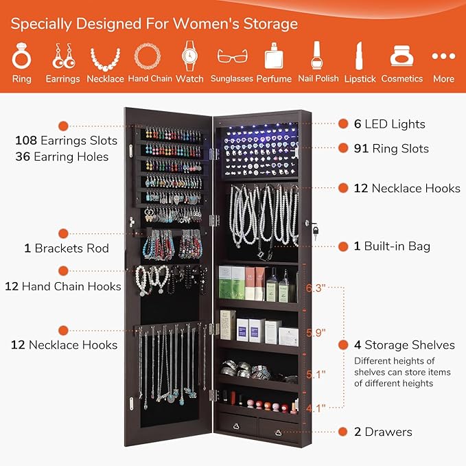 GISSAR Full Length Mirror Jewelry Cabinet, 6 LEDs Jewelry Armoire Wall Mounted Over The Door Hanging, Jewelry Organizer Storage with Lights Lockable, Brown, 14.6" x 47.2"