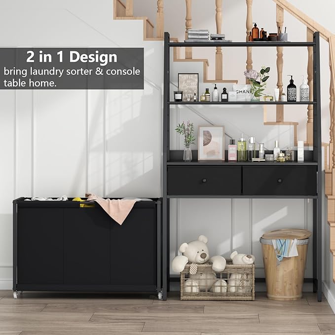 Laundry Hamper Laundry Basket with 3 Section Pull-Out Rolling Bags & 2-Tier Storage Shelf, Laundry Sorter for Organization and Storage with 2 Drawers for Laundry Room, Bathroom