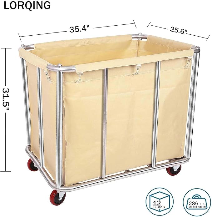 Laundry Cart for Commercial/Home,12 Bushels Heavy Duty Large Stainless Steel Rolling Laundry Basket with Wheels，for Laundry/Toys/Sundries Organizer and Storage,286LBS Load