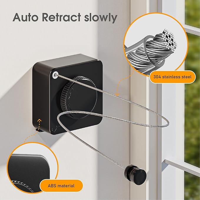 Retractable Heavy Duty Clothesline - Wall Mounted Indoor and Outdoor Laundry Drying Solution, 15.7ft Anti-Sagging Stainless Steel Rope (Black)