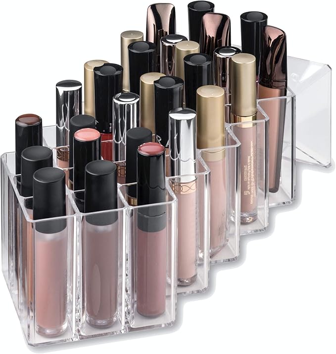 BY ALEGORY (Set Of 2) Acrylic Lip Gloss Makeup Organizer 28 Space Storage w/Deep Slots Designed To Stand Lay Flat & Be Stacked Refillable Cosmetic Container - Clear