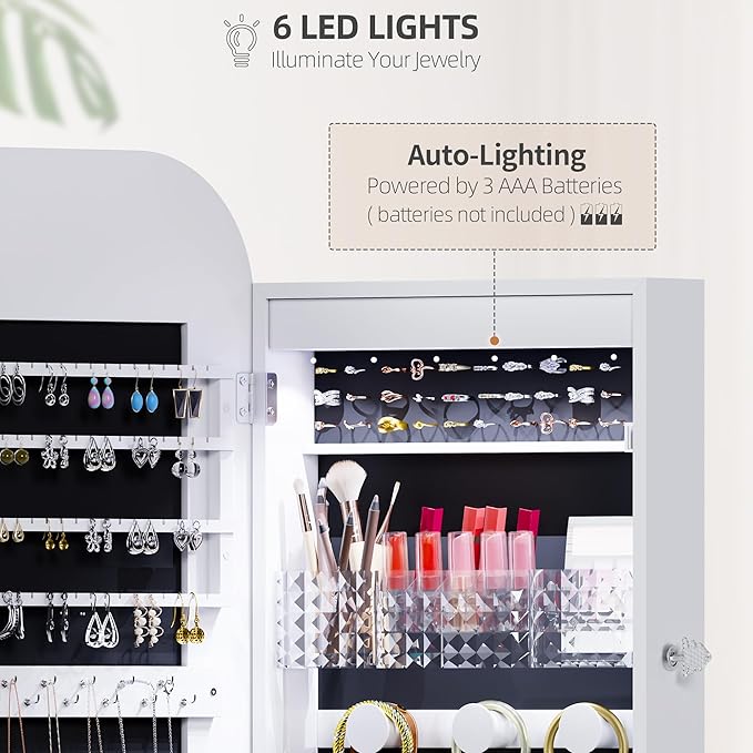 6 LED Mirror Jewelry Cabinet - Wall/Door Mounted Armoire with Large Capacity, Lockable, 14 Dimmable Lights + Adjustable Full-Length Standing or Hanging, White - Cosmetic Storage Organizer, Gift Idea