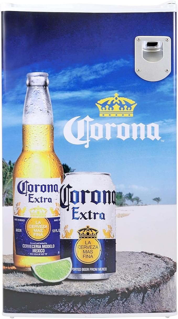 Corona Compact Fridge with Bottle Opener, 90 L/ 95 Quart 3.2 Cubic Foot for Snacks, Beverages, Juice, Beer, Den, Dorm, Office, Games Room, or RV