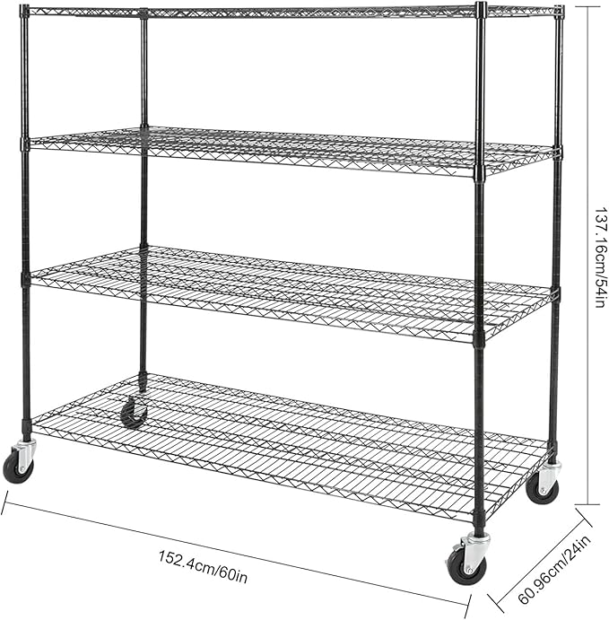 Bepritm 4-Tier Wire Shelving, Heavy Duty Metal Garage Shelving with Wheels, Storage Shelves Load Capacity 120LBS for Warehouse, Pantry (60" W x 24" D x 54" H)