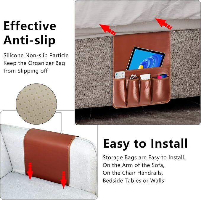 Non-slip Couch Organizer Armchair Caddy, Artificial Leather TV Remote Control Holder Bedside Caddy with 5 Pockets for Key Glasses Phone Magazine Holders.