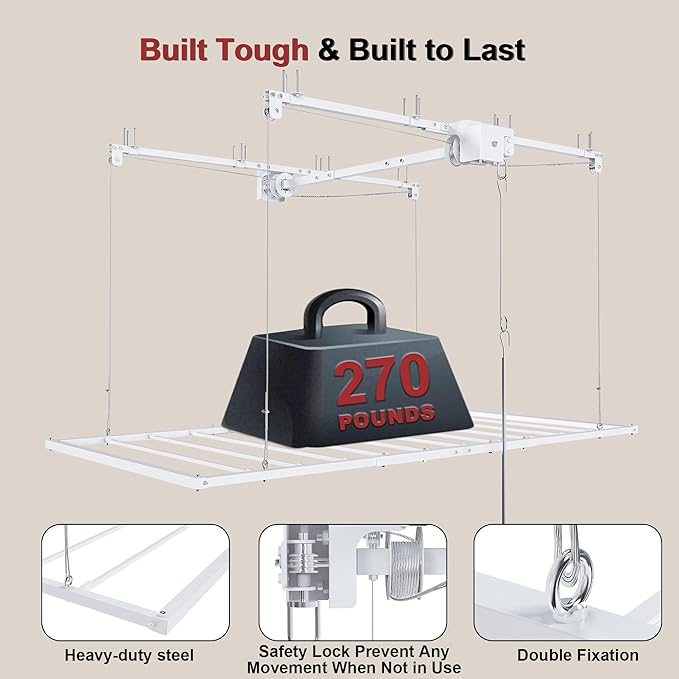 Montary 6x3 FT Overhead Garage Storage Rack for 10-12 FT Ceiling, Adjustable Ceiling Storage Rack with Safety Lock, 270LBS Capacity All-Steel Construction Heavy-Duty Garage Lifting Organizer