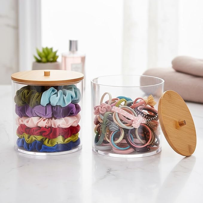 2Packs Scrunchie Organizers Holder，Hair Accessories Organizer with Wooden Lid,Acrylic Hair Tie Clip for Bathroom Storage Organizer & Beauty Supplies(Clear)