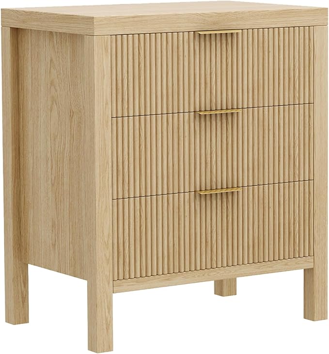 3 Drawer Dresser, Mid Century Modern Chest of Drawers with Waveform Panel, Large Fluted Dresser with Wide Drawers Wood Storage for Bedroom, Hallway, Entryway, Nature