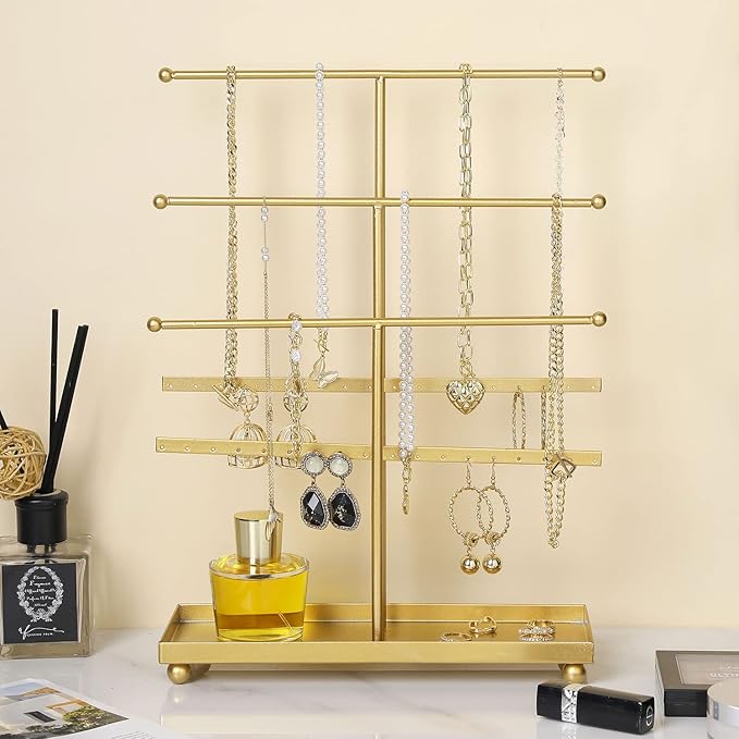 MyGift 5-Tier Gold Metal Jewelry Organizer Stand with Earring Hooks & Ring Tray - T-Bar for Tangle-Free Necklace Bracelet Display - Home Store Boutique (16.25" H)