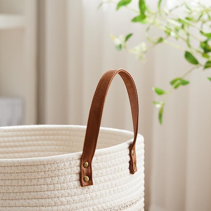 VIPOSCO Tall Laundry Basket, Large Dirty Clothes Hamper with Leather Handle, Woven Rope Storage Basket for Blanket, Toy In Living Room, Bathroom, Bedroom - 53L Brown & White