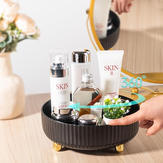 Makeup Perfume Organizer Tray 360 Degree Rotating Lazy Susan Skincare Lotion Organizer Spinning Cosmetics Storage for Dresser, Vanity, Bathroom Countertop, Small Black
