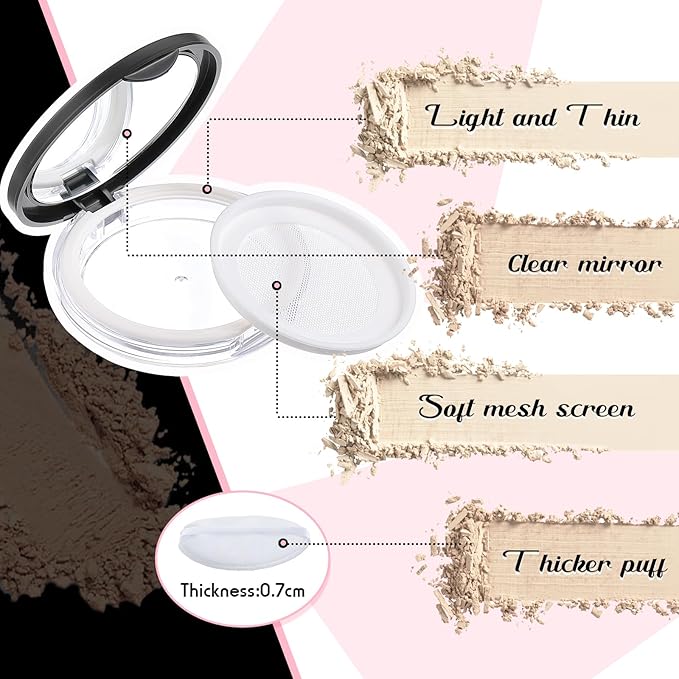 Cunhill 2 Pcs Loose Powder Container with Puff 0.17/0.7 oz Reusable Plastic Portable DIY Makeup Empty Powder Case with Mirror and Net Sifter(Silver, Black)