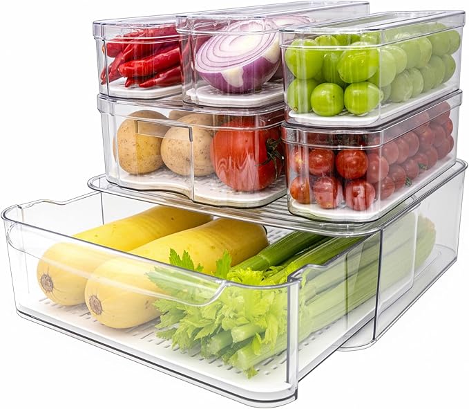 8 Pack Refrigerator Organizers, Clear Pull-out Drawer Container and Organizer Bins with Lids, Stackable Storage Containers for Fruits, Vegetable (Set of 6 (Include Pull-out Drawer))