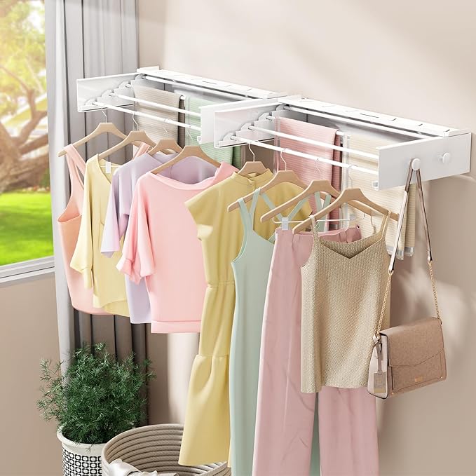 BAKON Wall Mounted Drying Rack with 4 Hooks and Shelf, Foldable Clothes Drying Rack for Laundry Room, Collapsible Laundry Rack Wall Mount, for Indoor Outdoor Hanging Clothes, 23.6 Inch