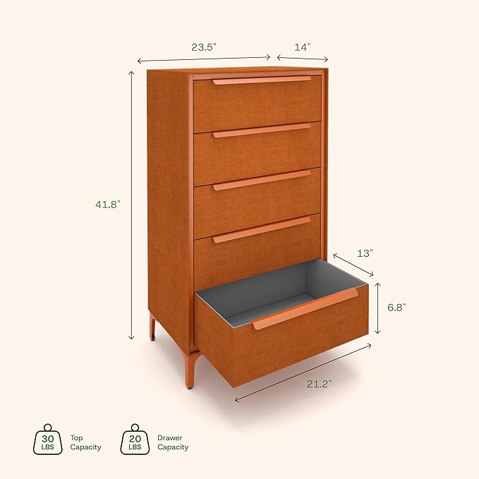 tinge Naima Premium Fabric Dresser - Strong Metal Frame, 5 Spacious Sag-Proof Drawers with Sleek Metal Handles - Premium & Durable Storage Solution for Your Home (Orange)