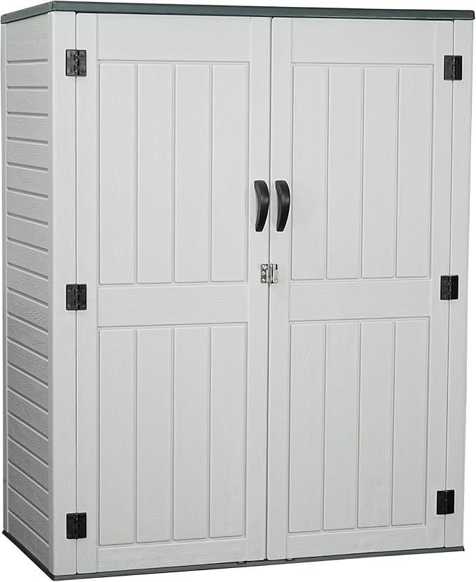 EHHLY Vertical Resin Storage Shed with 2 Shelves, 60 Cuft Garden Tool Sheds & Outdoor Storage, Plastic Outdoor Storage Cabinet Waterproof, 4.5 x 2.3 ft Outside Lawn Mower Storage Shed, Light Grey