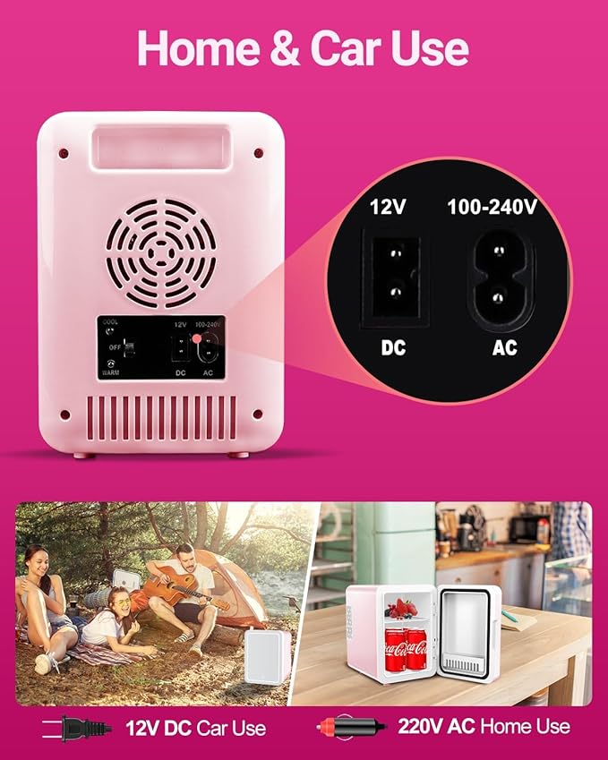 4-Liter Pink Portable Mini Fridge for Skincare Beauty Cosmetic Makeup With Mirrored Door and Dimmable LED Light