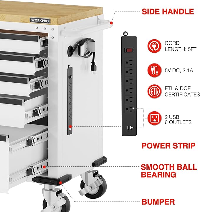 WORKPRO 52" x 20" 5-Drawer & 1-Door Rolling Tool Chest, Heavy Duty Tool Chest with Wheels, Power Strip, Locking System, Rolling Cabinet for Garage, Home & Kitchen, 1000 lbs Capacity