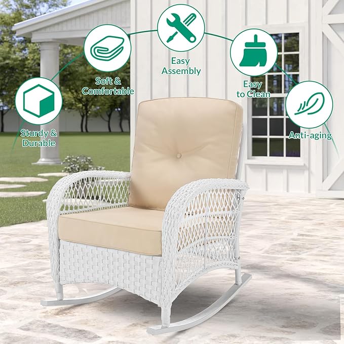 VIVIJASON Outdoor Wicker Rocking Chair, Patio Rattan Rocker Chair with Cushions & Steel Frame, All-Weather Rocking Lawn Furniture for Garden Backyard Porch (White Wicker/Beige)