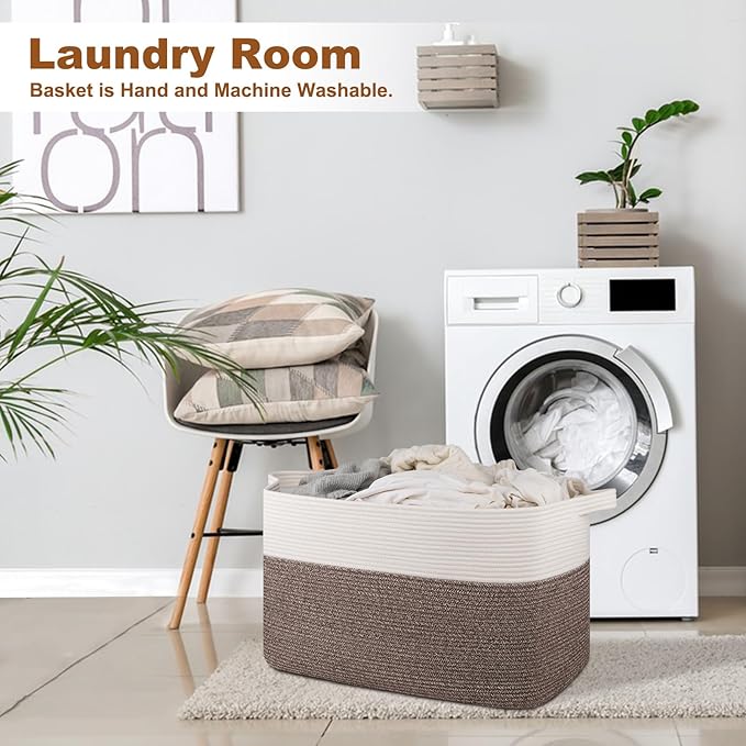 XXXL Supre Large Blanket Basket for Clothes, Towels, Pillows, 108L Cotton Rope Storage Basket for Living Room, Supre Large Woven Toy Storage for Kids, 25" x 16" x 16", Dark Brown and White