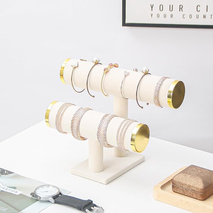 2 Tier Bracelet Holder Stand, Bangle Watches Display, Velvet Bracelet Jewelry Storage Organizer Rack, Hairband Scrunchie Show Tower Shop Selling or Home Use (Beige)