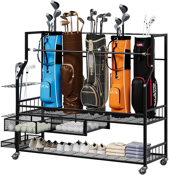 Garvee 4-5 Bags Stand Golf Organizer Rack with Wheels-Large Golf Bag Storage Organizer for Garage,Golfs Club and Home